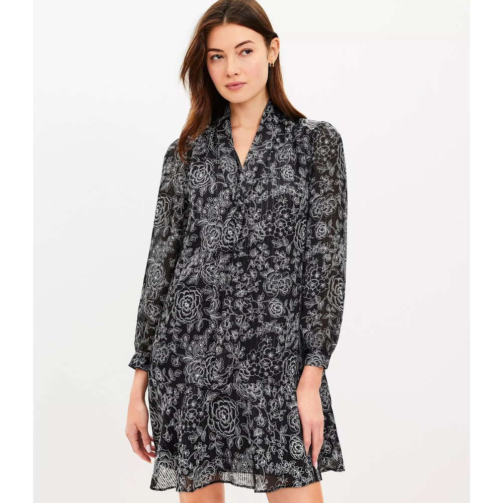 LOFT Etched Floral Bow‎ Flounce Dress Women's Black White Long Sleeve XS NWT